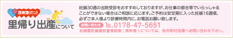 苫米地レディースクリニック里帰り出産について-妊娠30週の当院受診をおすすめしておりますが、お仕事の都合等でいらっしゃることができない場合はご相談に応じます。ご予約は安定期に入った妊娠16週頃、必ずご本人様よりお電話お願い致します。